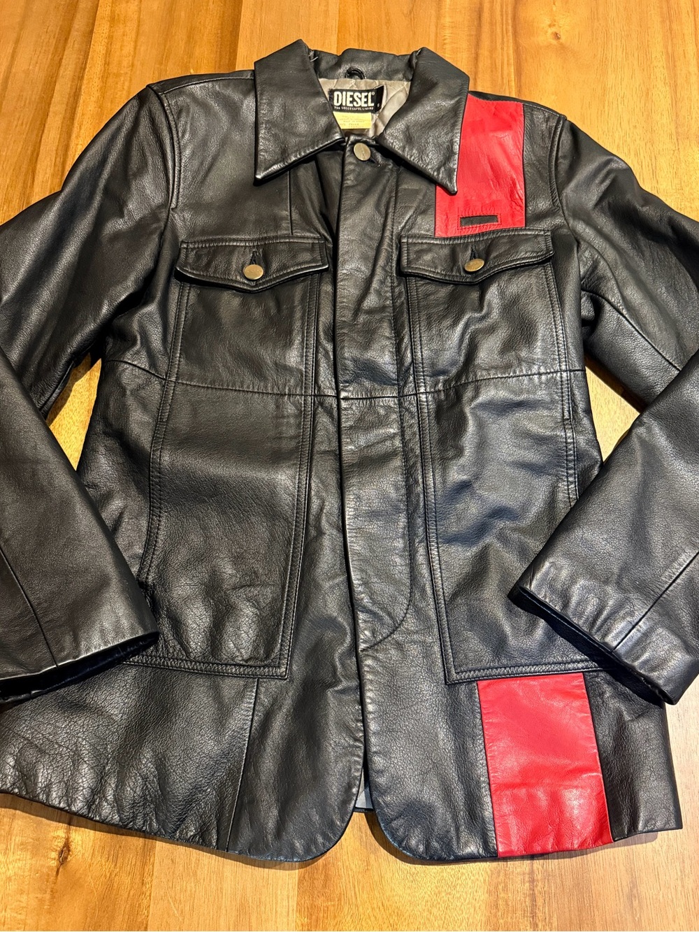 Vintage 90s Diesel Black Leather Jacket Red Racing Panel Block Moto Womens S